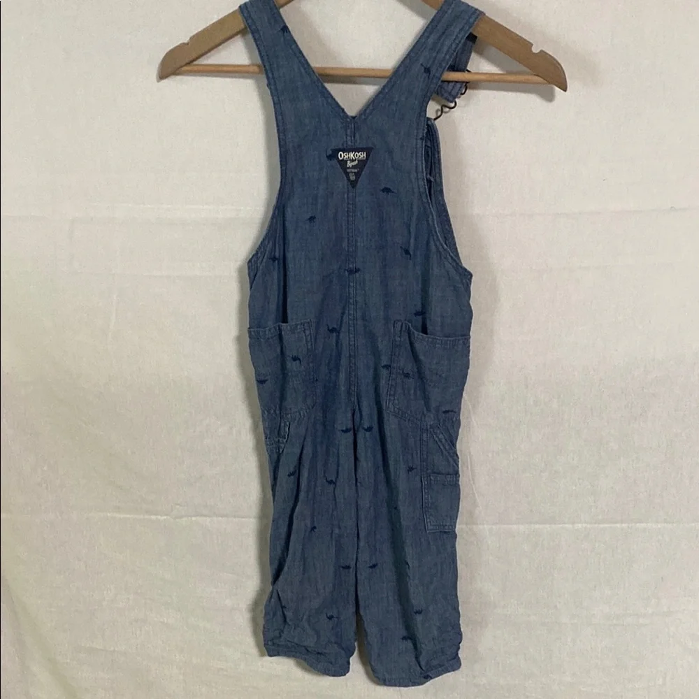 OshKosh B'gosh Classic Blue Denim Overalls with tiny dinosaurs wear long or roll